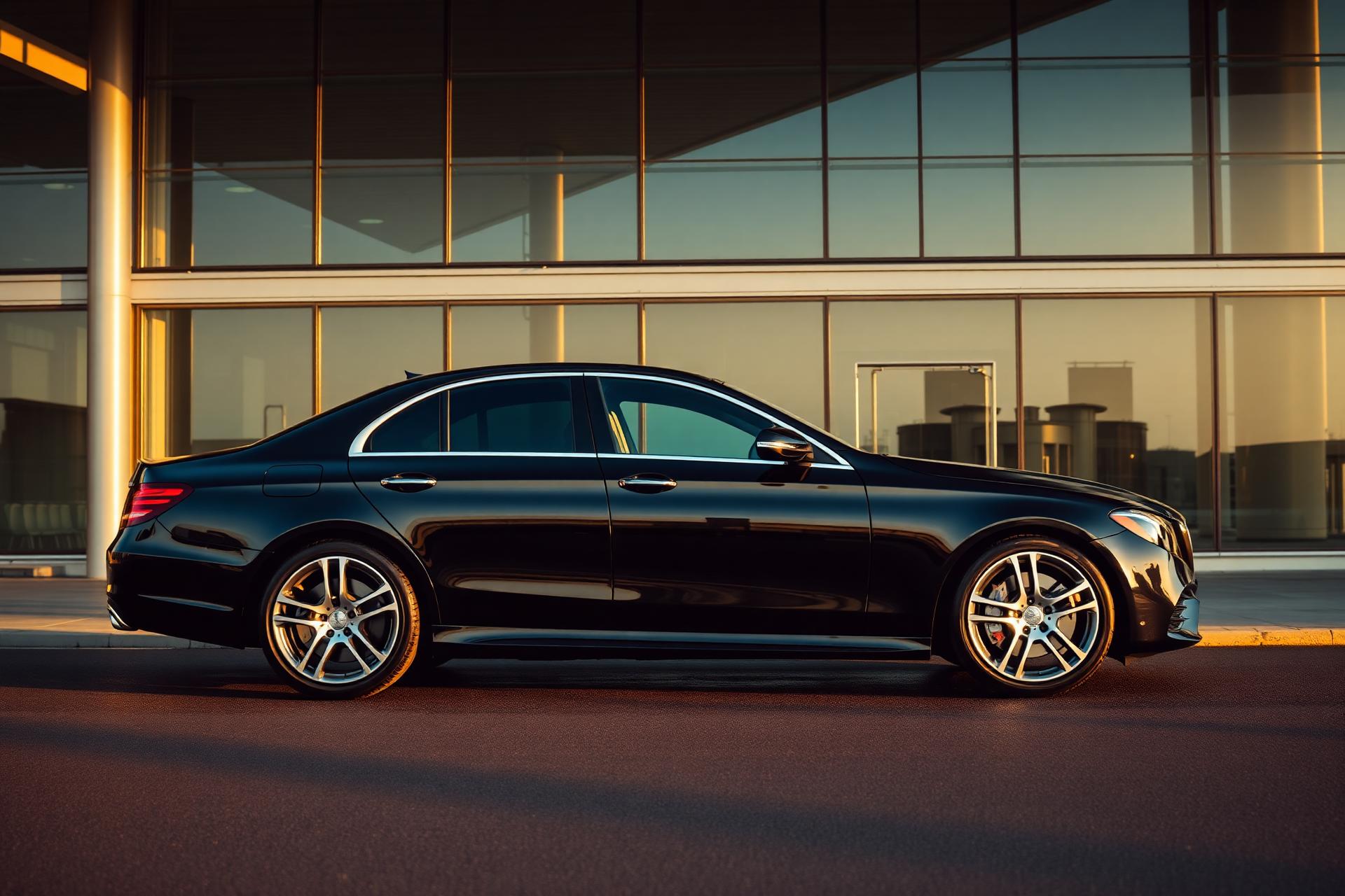 Black executive Mercedes-Benz sedan waiting outside a modern airport terminal at golden hour